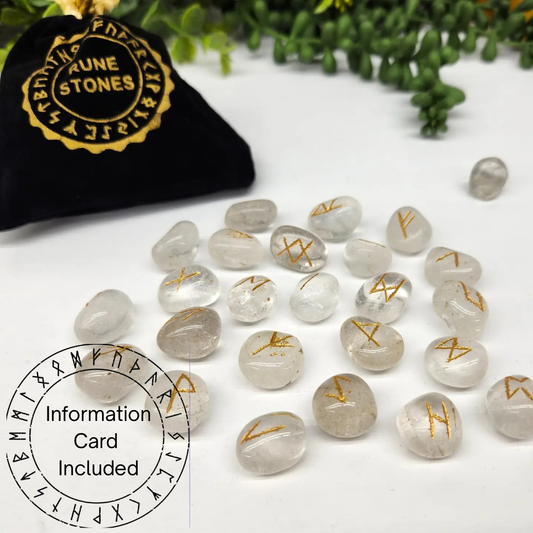 Clear Quartz Rune Set with Velvet Pouch & Info Card