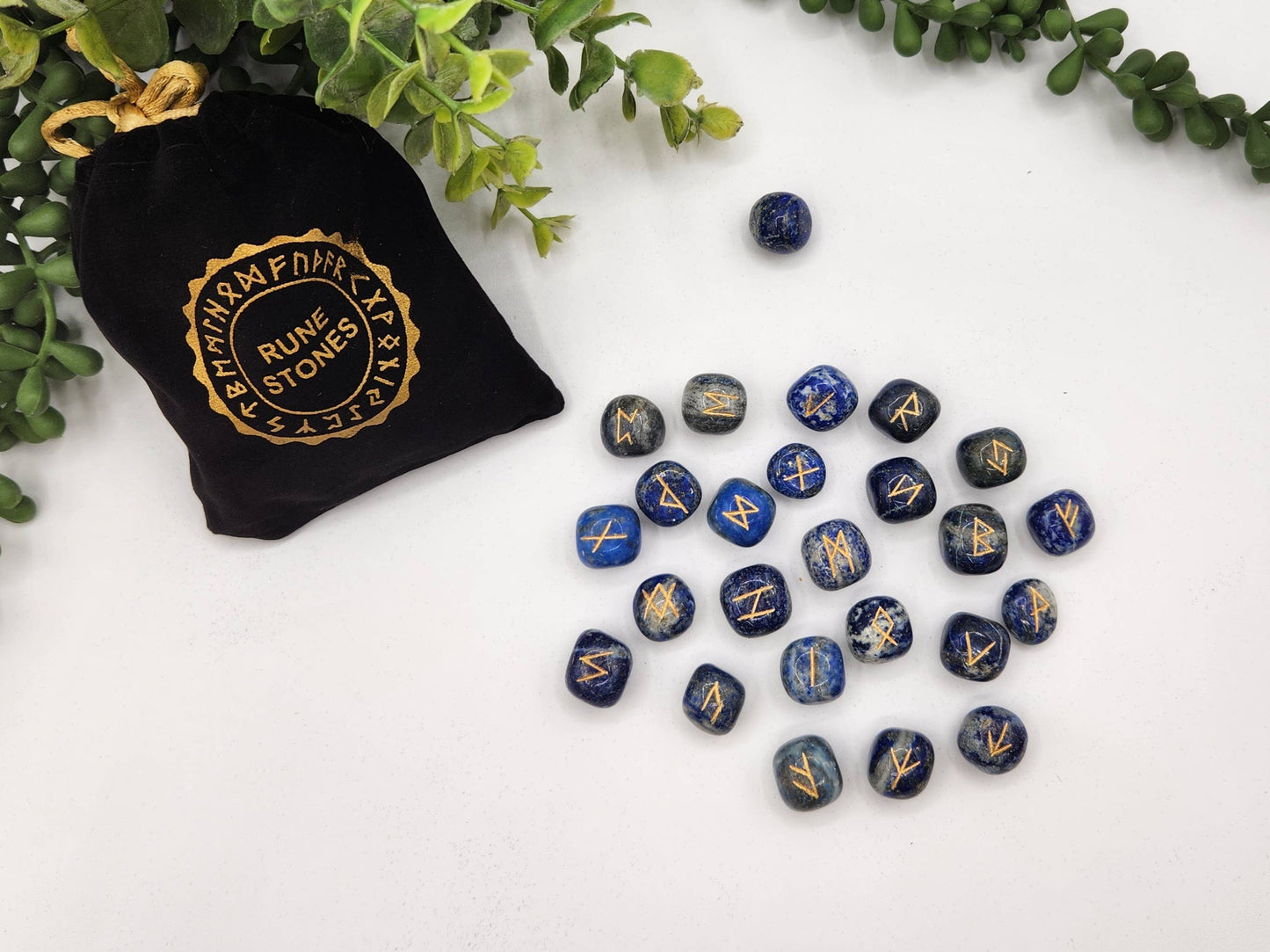 Lapis Lazuli Semi-Precious Gemstone Rune Set with Velvet Pouch & Info Card