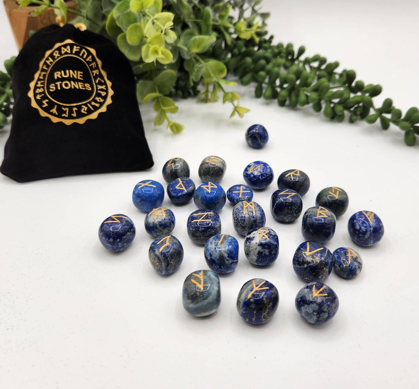 Lapis Lazuli Semi-Precious Gemstone Rune Set with Velvet Pouch & Info Card