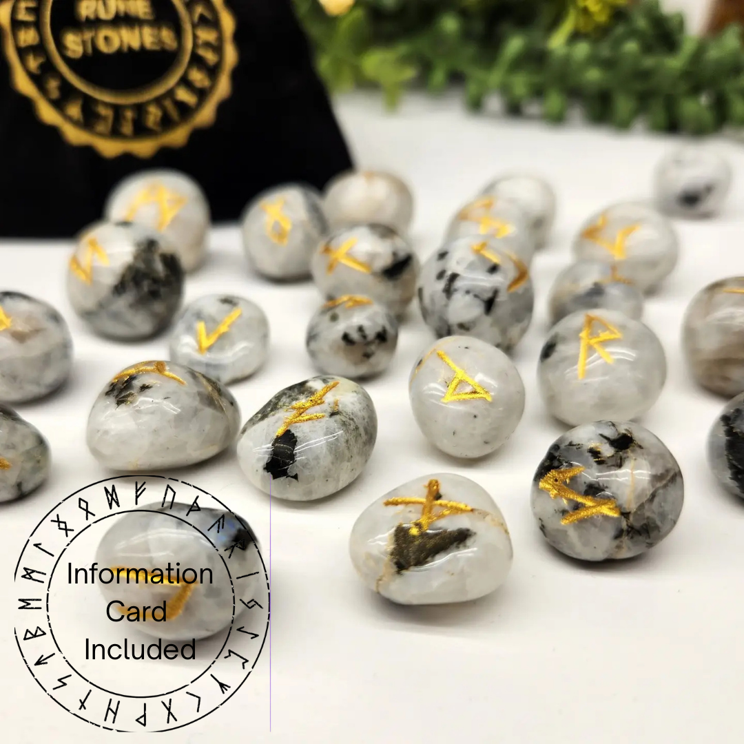 Rainbow Moonstone Rune Set with Velvet Pouch & Info Card