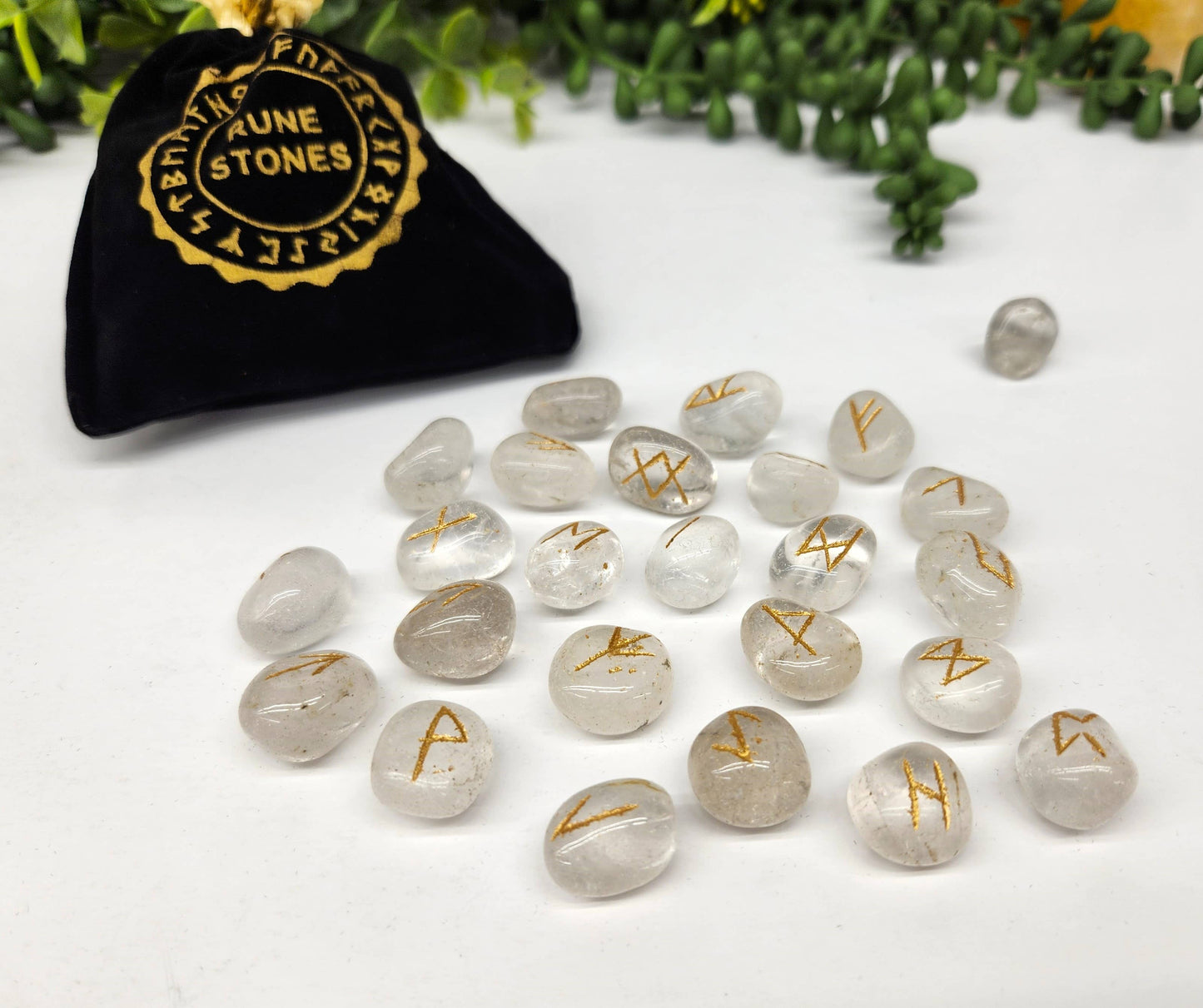 Clear Quartz Rune Set with Velvet Pouch & Info Card