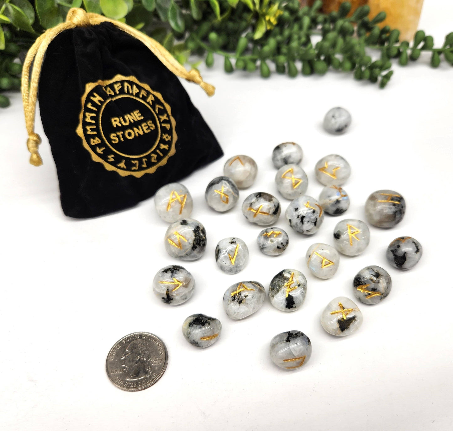 Rainbow Moonstone Rune Set with Velvet Pouch & Info Card