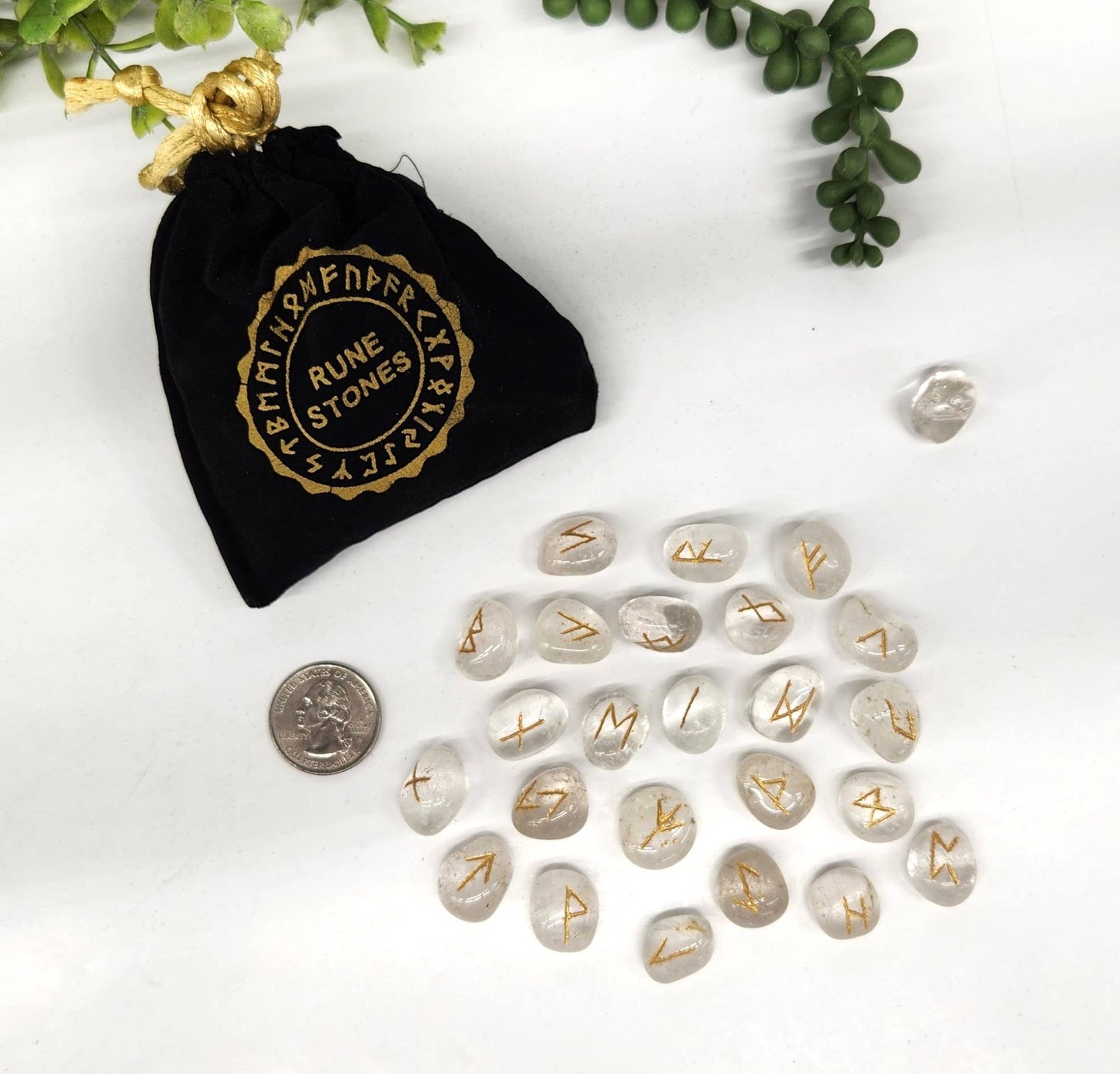 Clear Quartz Rune Set with Velvet Pouch & Info Card