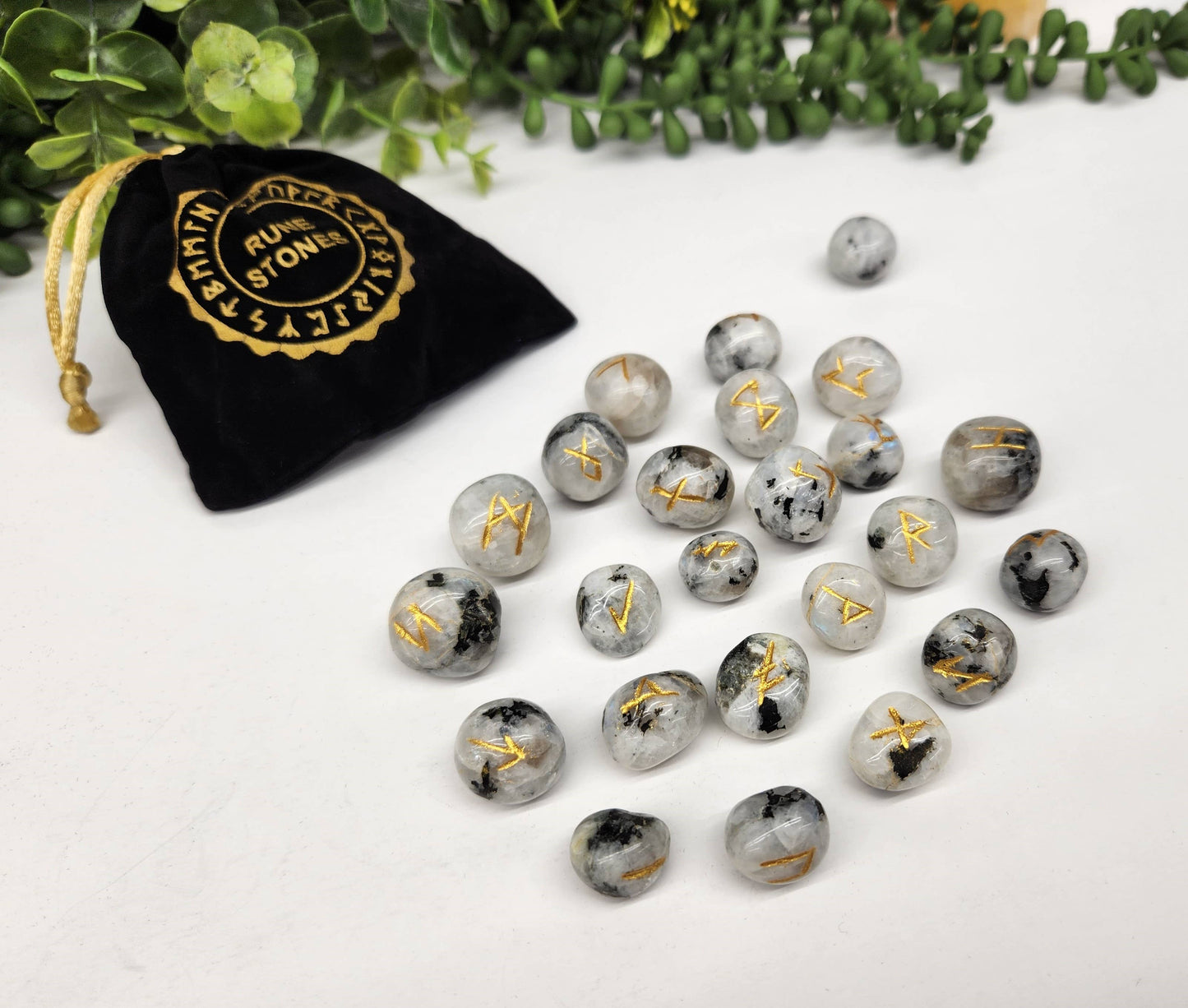 Rainbow Moonstone Rune Set with Velvet Pouch & Info Card