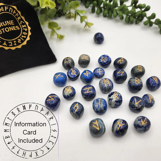 Lapis Lazuli Semi-Precious Gemstone Rune Set with Velvet Pouch & Info Card
